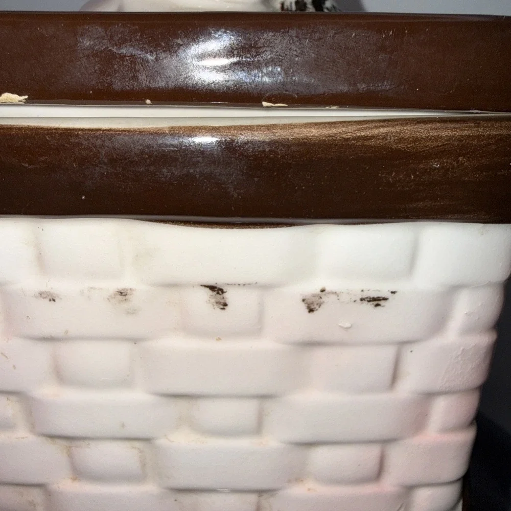 Vintage Napco MCM Basket Weave Cookie Jar w/ Lid With Bla&whit Puppy Basket Pink